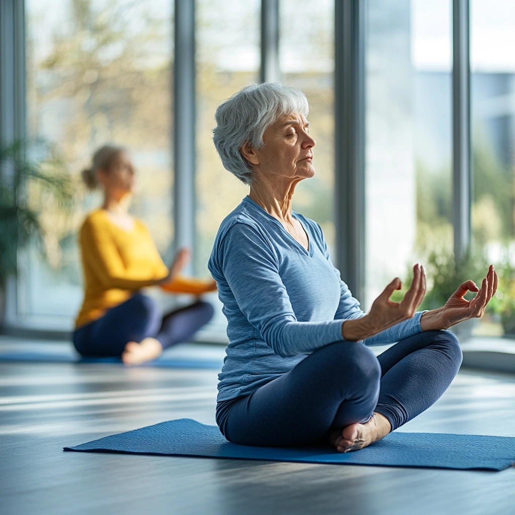 Група людей поважного віку практикує йогу на килимках